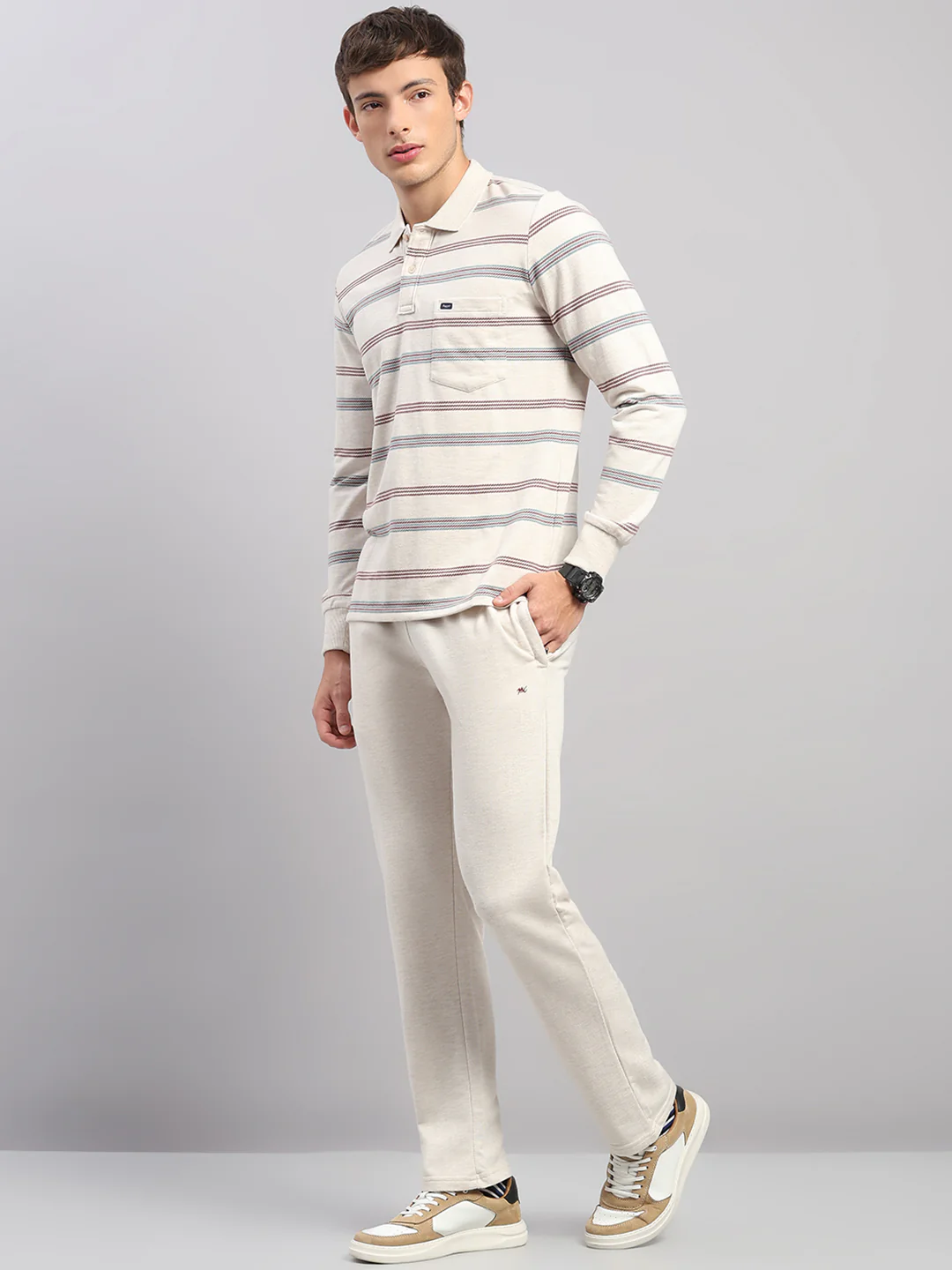 Men Beige Stripe Collar Full Sleeve Winter Tracksuit - Image 3