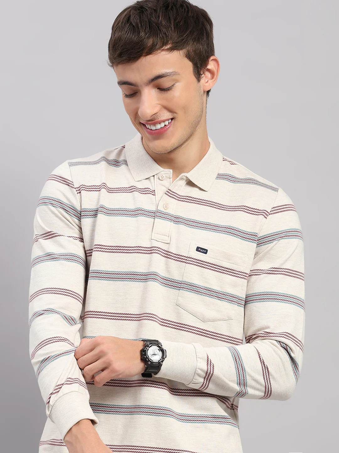 Men Beige Stripe Collar Full Sleeve Winter Tracksuit - Image 6