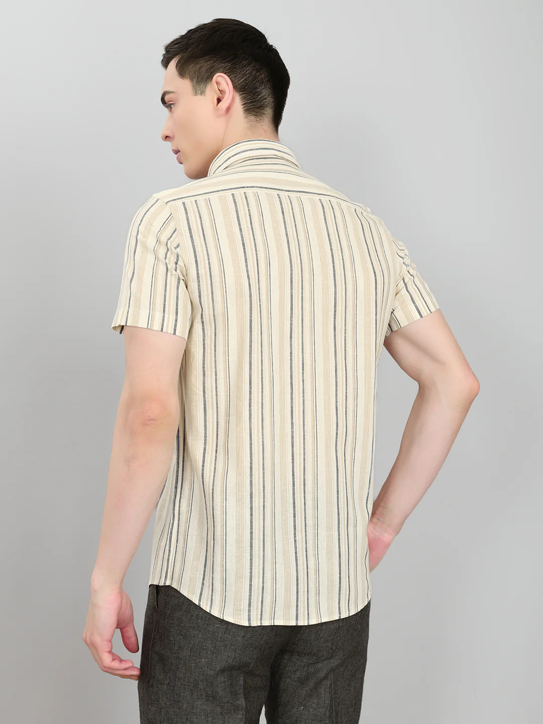 Men Beige Stripe Collar Half Sleeve Shirt - Image 5