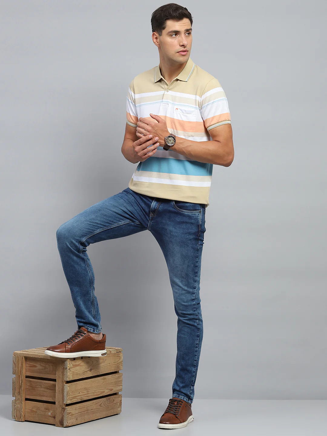 Men Beige Stripe Collar Half Sleeve T-Shirt - Image 2