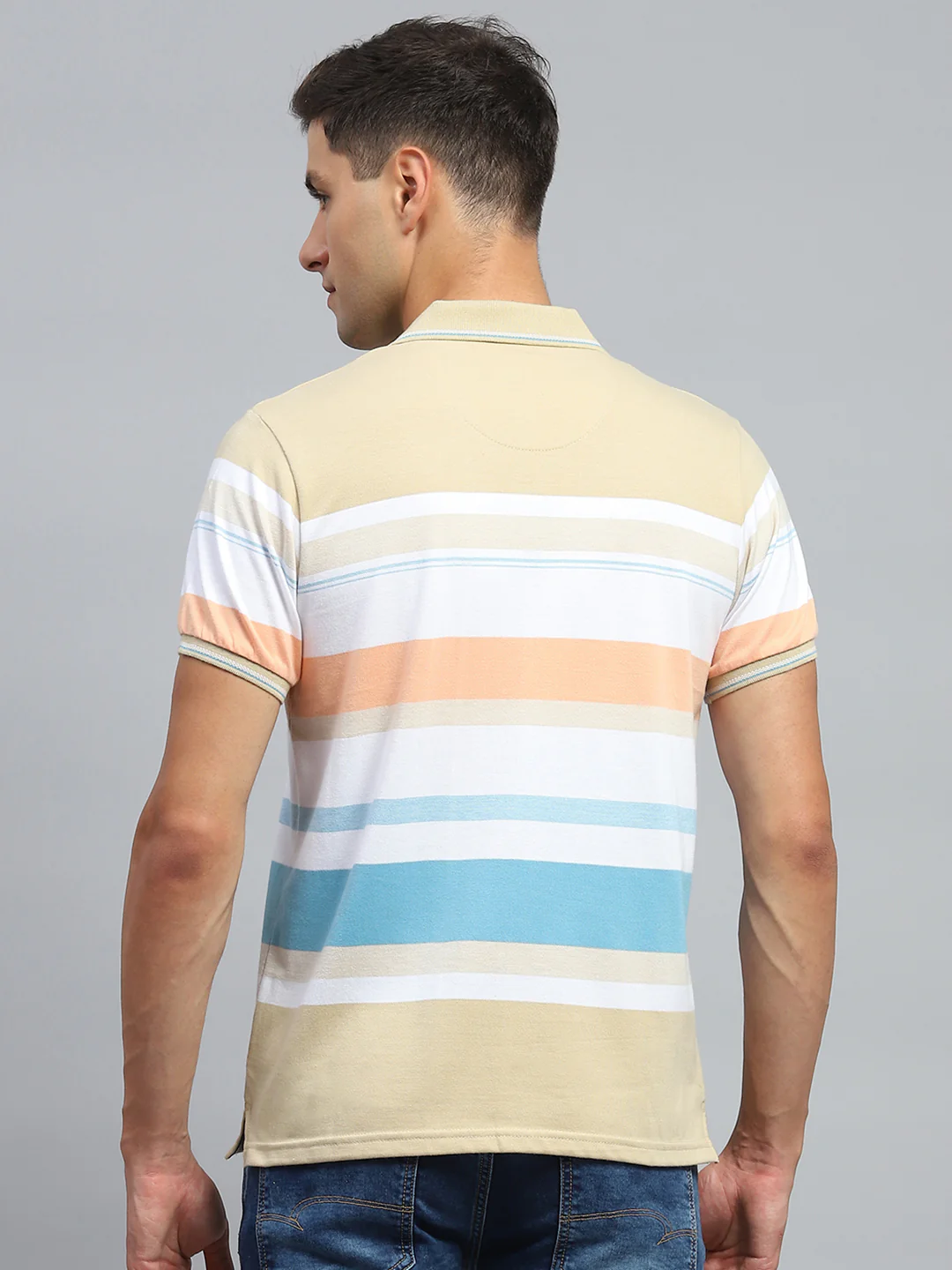 Men Beige Stripe Collar Half Sleeve T-Shirt - Image 5