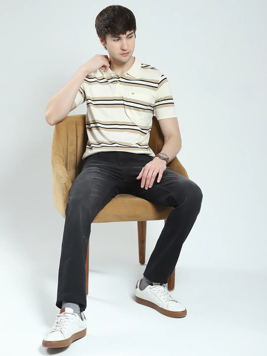Men Beige Stripe Collar Half Sleeve T-Shirt - Image 2
