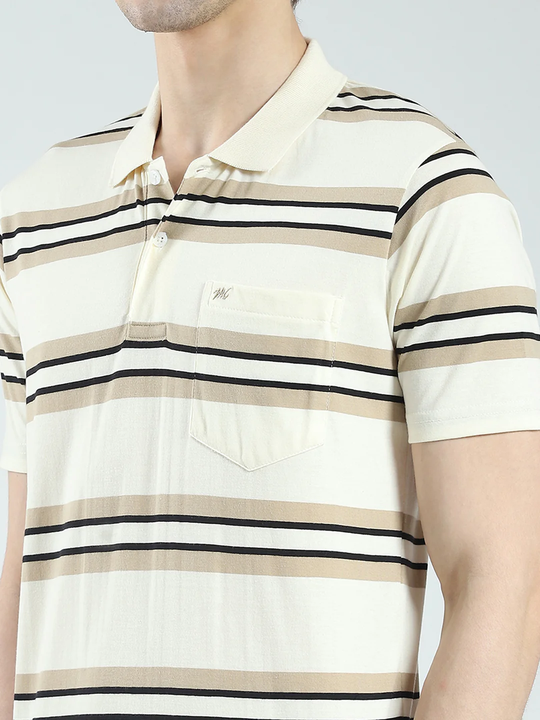 Men Beige Stripe Collar Half Sleeve T-Shirt - Image 7