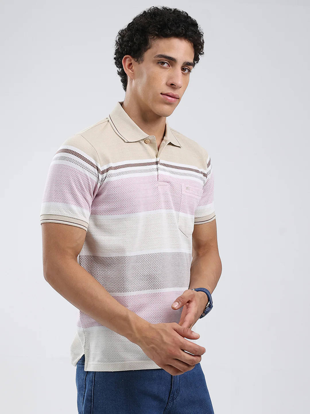 Men Beige Stripe Collar Half Sleeve T-Shirt - Image 4