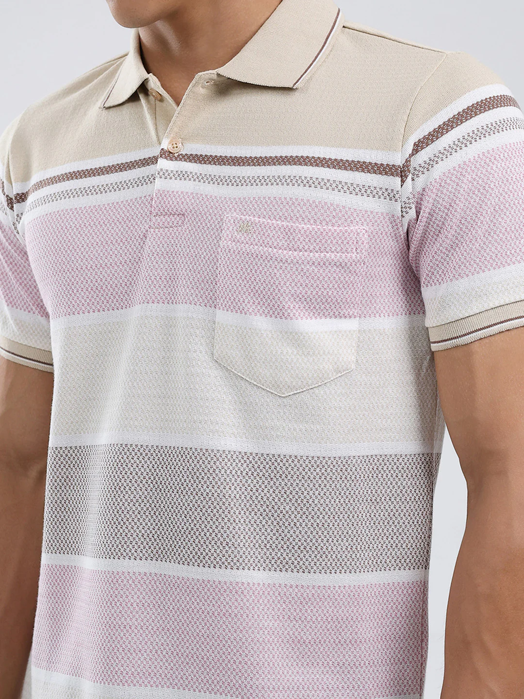Men Beige Stripe Collar Half Sleeve T-Shirt - Image 7