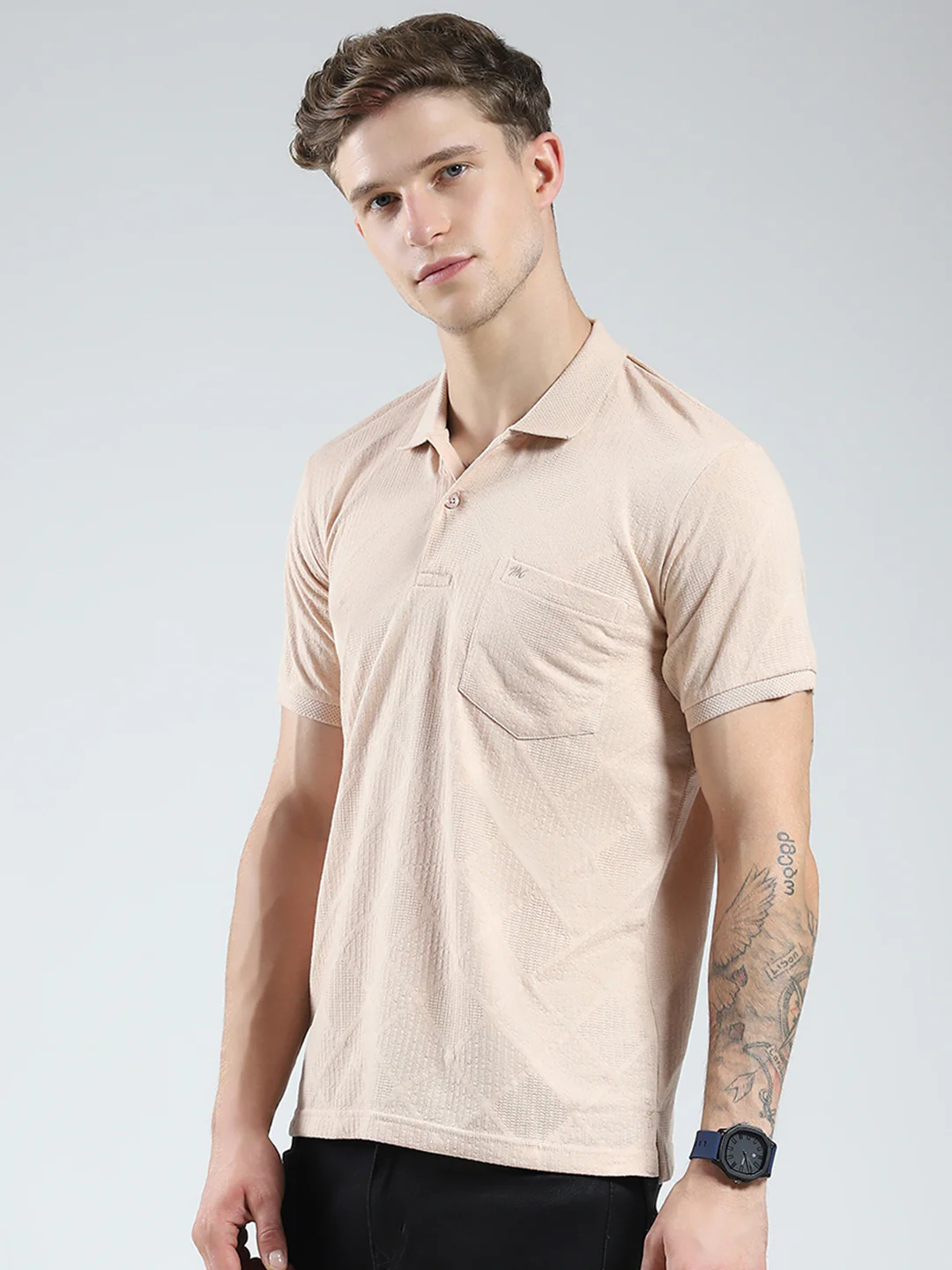 Men Beige Stripe Collar Half Sleeve T-Shirt - Image 3