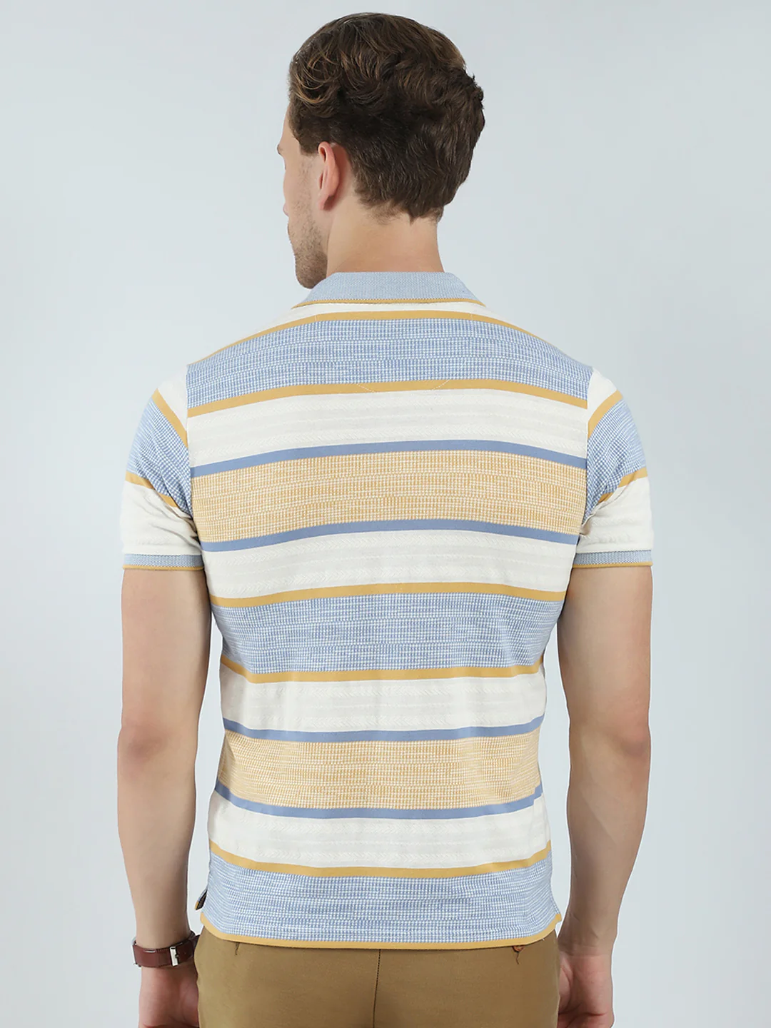 Men Beige Stripe Collar Half Sleeve T-Shirt - Image 5