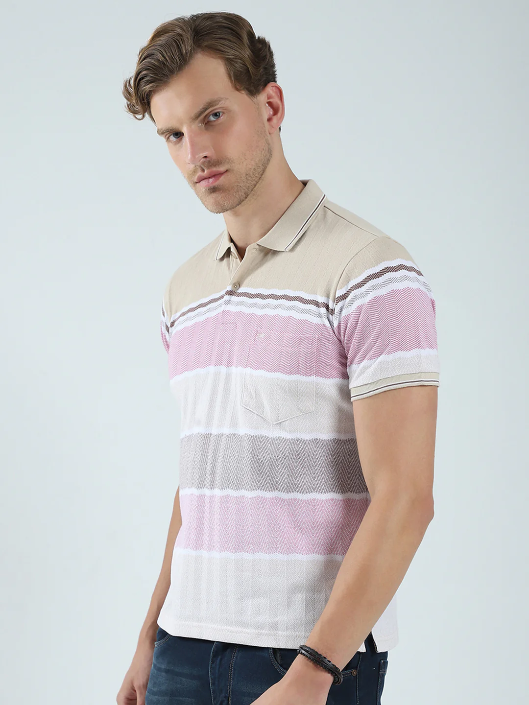 Men Beige Stripe Collar Half Sleeve T-Shirt - Image 3