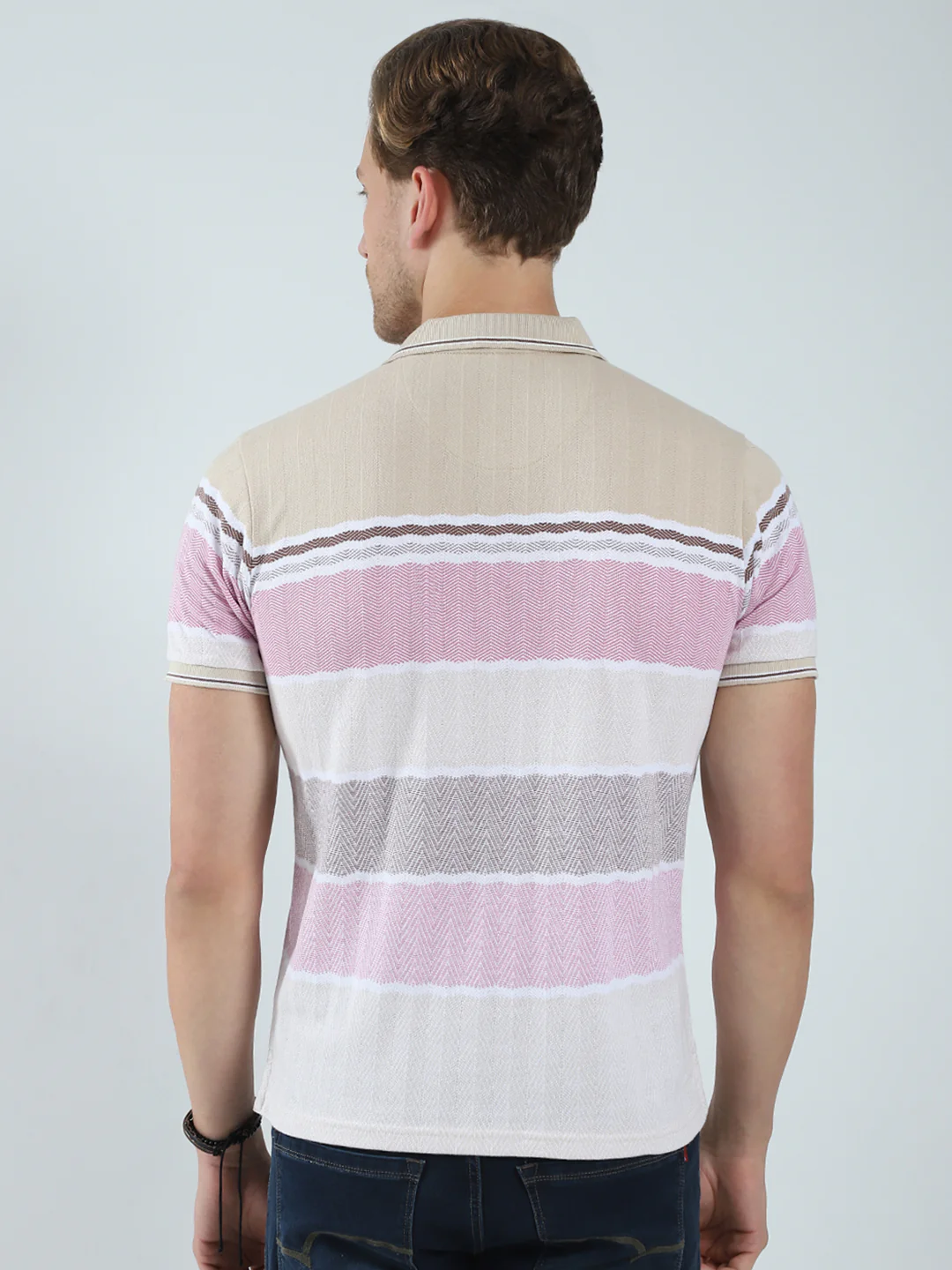 Men Beige Stripe Collar Half Sleeve T-Shirt - Image 5