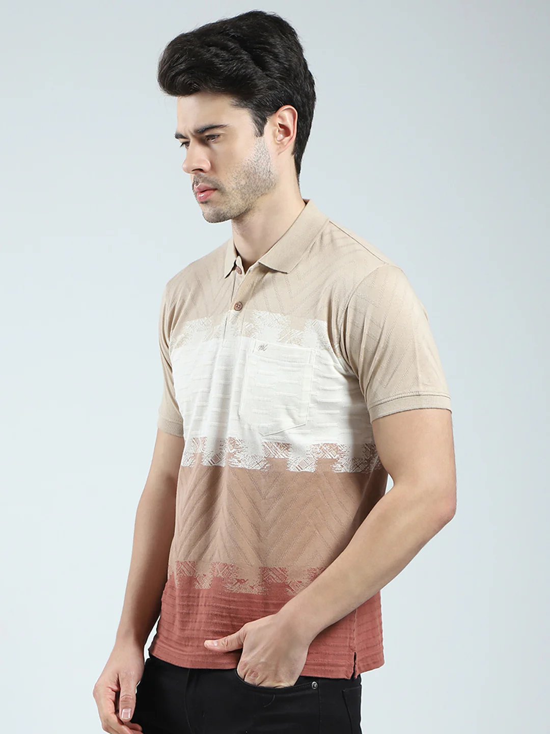 Men Beige Stripe Collar Half Sleeve T-Shirt - Image 3