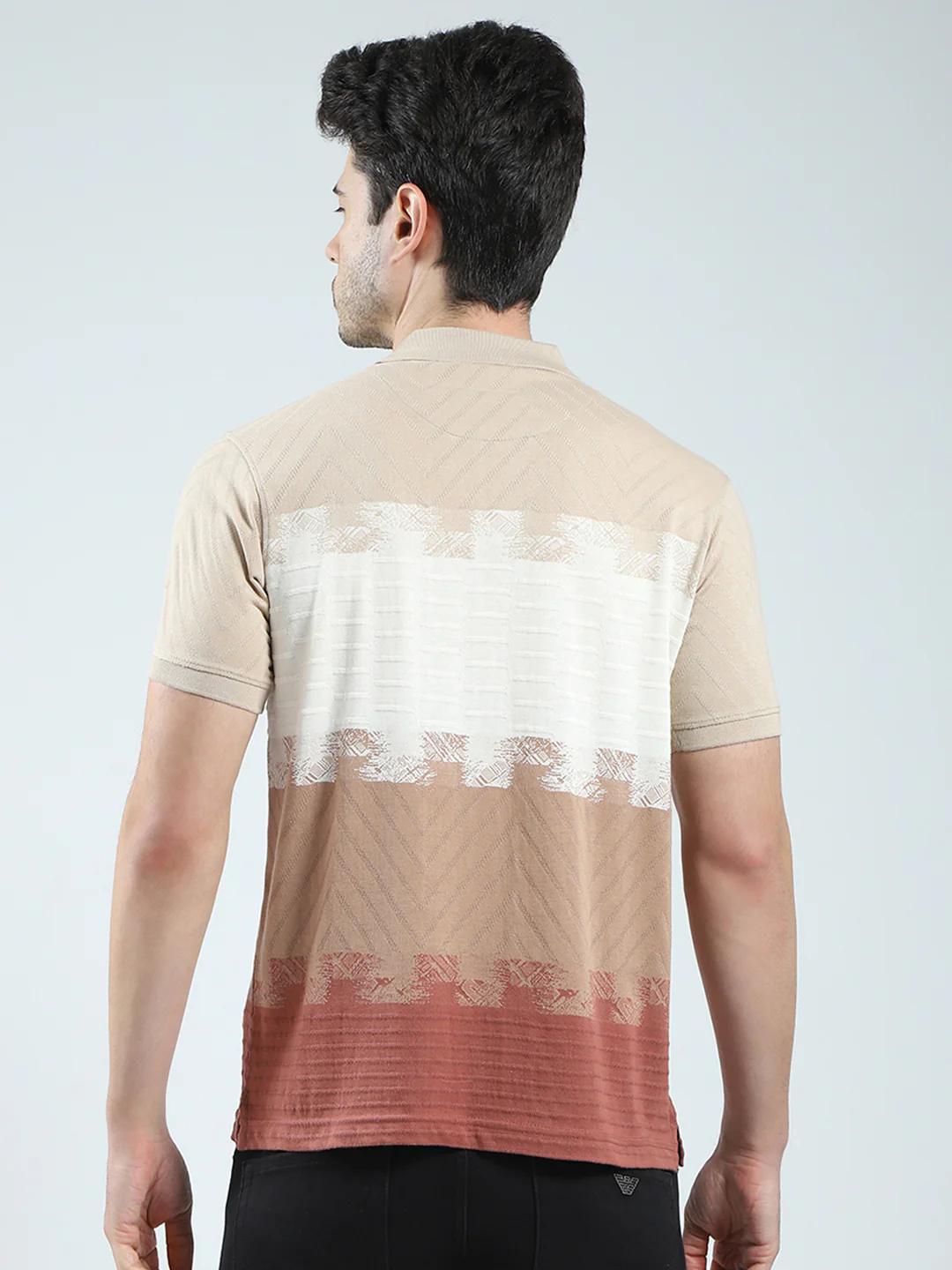 Men Beige Stripe Collar Half Sleeve T-Shirt - Image 5