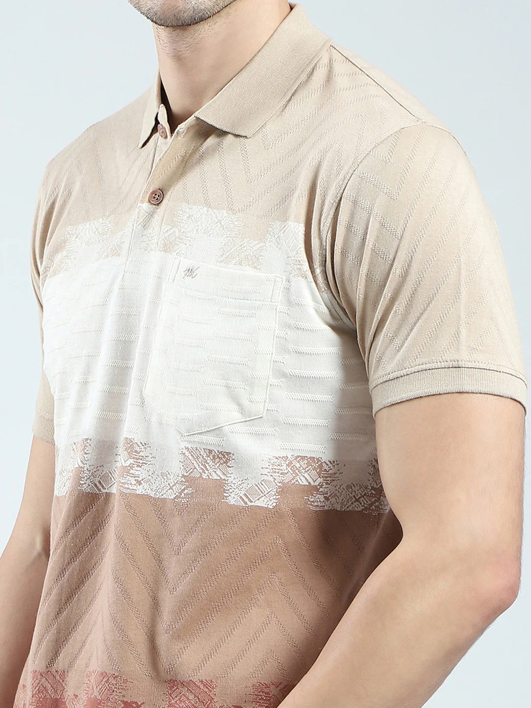 Men Beige Stripe Collar Half Sleeve T-Shirt - Image 6