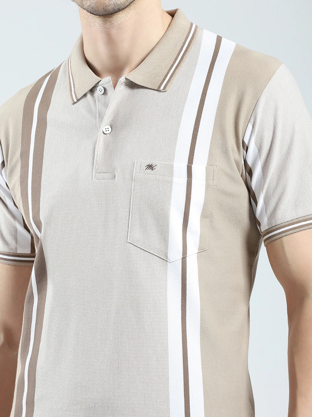 Men Beige Stripe Collar Half Sleeve T-Shirt - Image 6