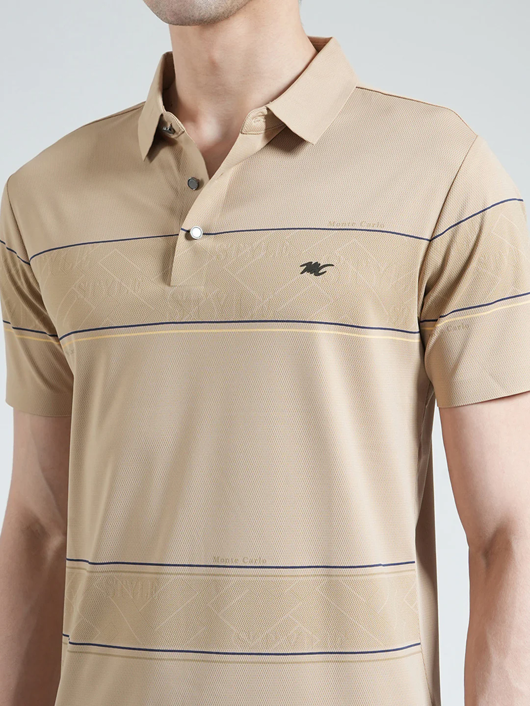 Men Beige Stripe Collar Half Sleeve T-Shirt - Image 6