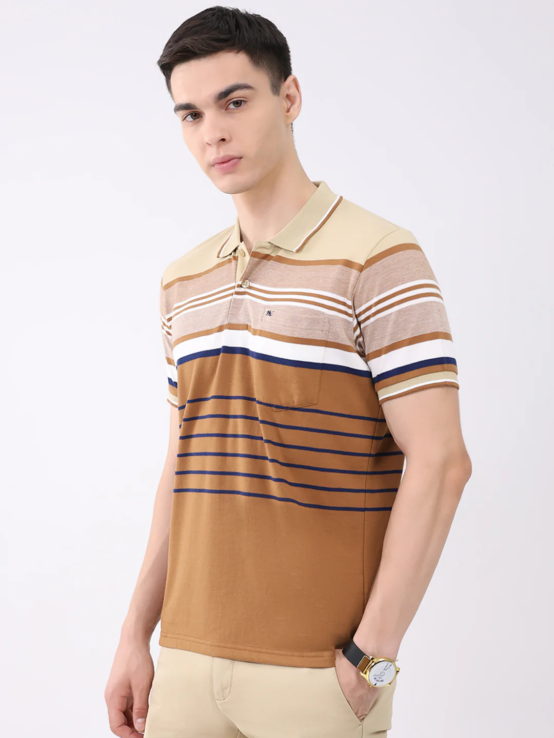 Men Beige Stripe Collar Half Sleeve T-Shirt - Image 3