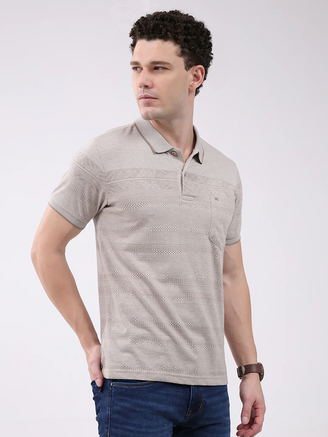 Men Beige Stripe Collar Half Sleeve T-Shirt - Image 4