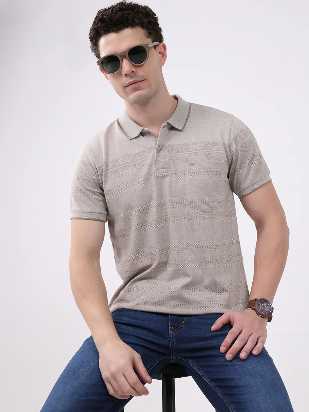 Men Beige Stripe Collar Half Sleeve T-Shirt - Image 6