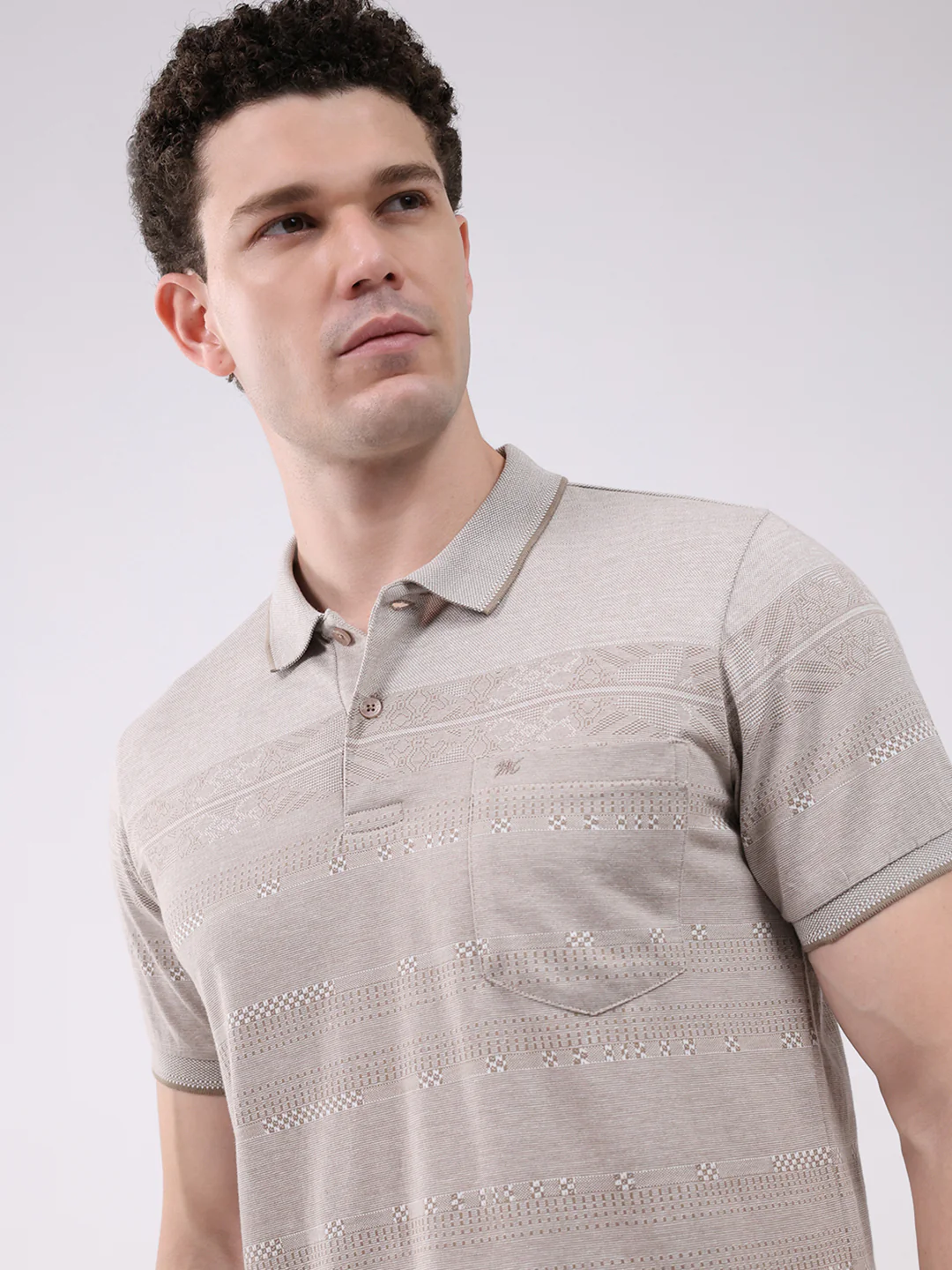 Men Beige Stripe Collar Half Sleeve T-Shirt - Image 7