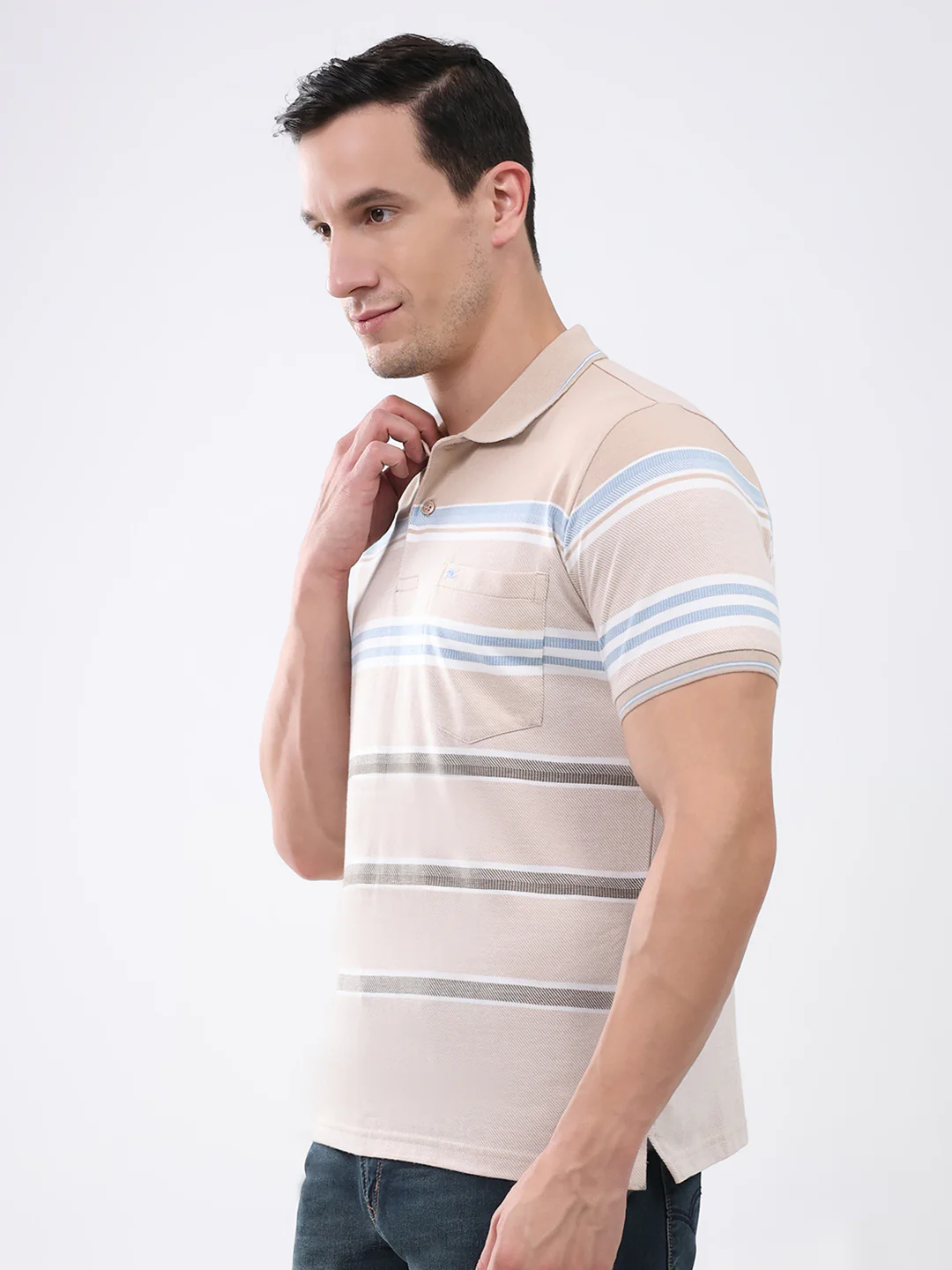 Men Beige Stripe Collar Half Sleeve T-Shirt - Image 3