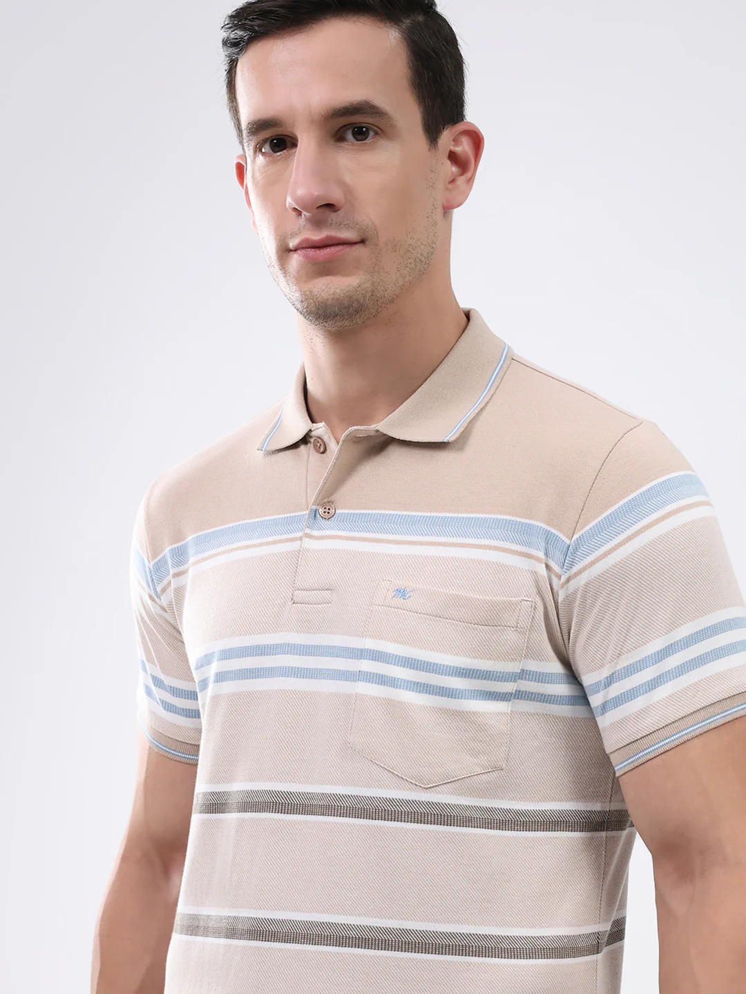 Men Beige Stripe Collar Half Sleeve T-Shirt - Image 6