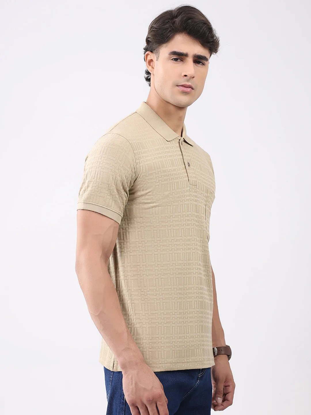 Men Beige Stripe Collar Half Sleeve T-Shirt - Image 4