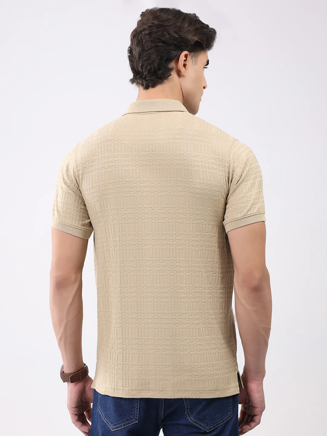 Men Beige Stripe Collar Half Sleeve T-Shirt - Image 5