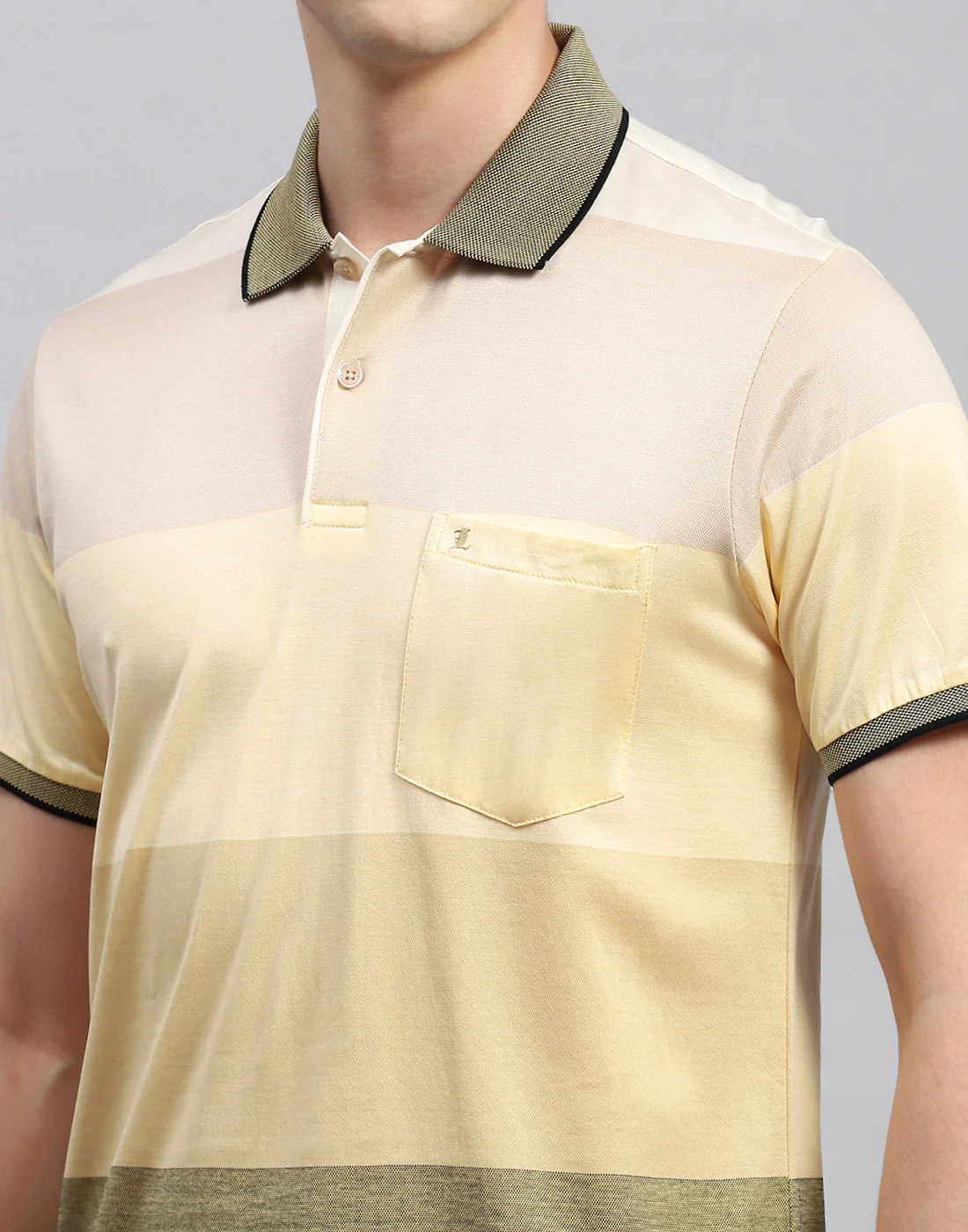 Men Beige Stripe Collar Neck Half Sleeve T-Shirt - Image 6