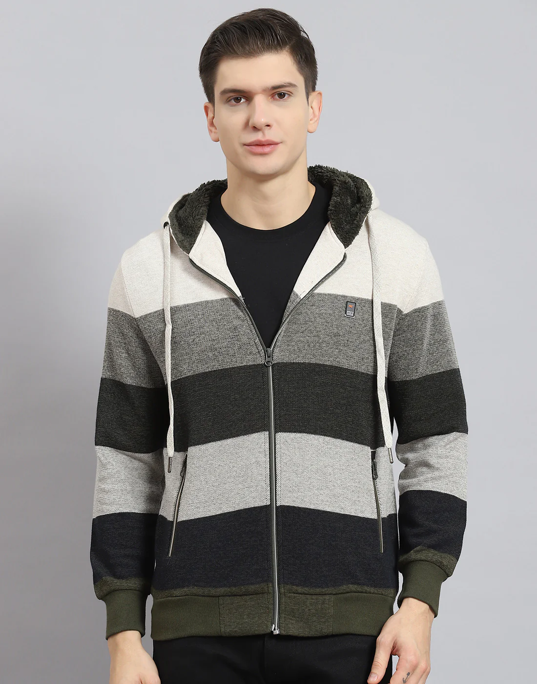 Men Beige Stripe Hooded Full Sleeve Sweatshirt - Image 3