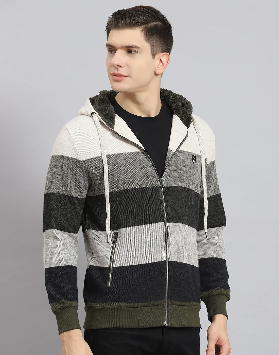 Men Beige Stripe Hooded Full Sleeve Sweatshirt - Image 6