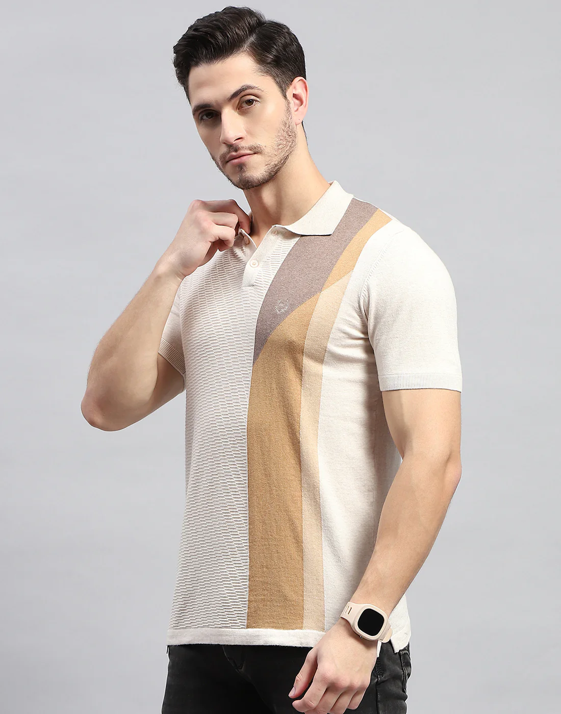 Men Beige Stripe Polo Collar Half Sleeve T-Shirt - Image 4
