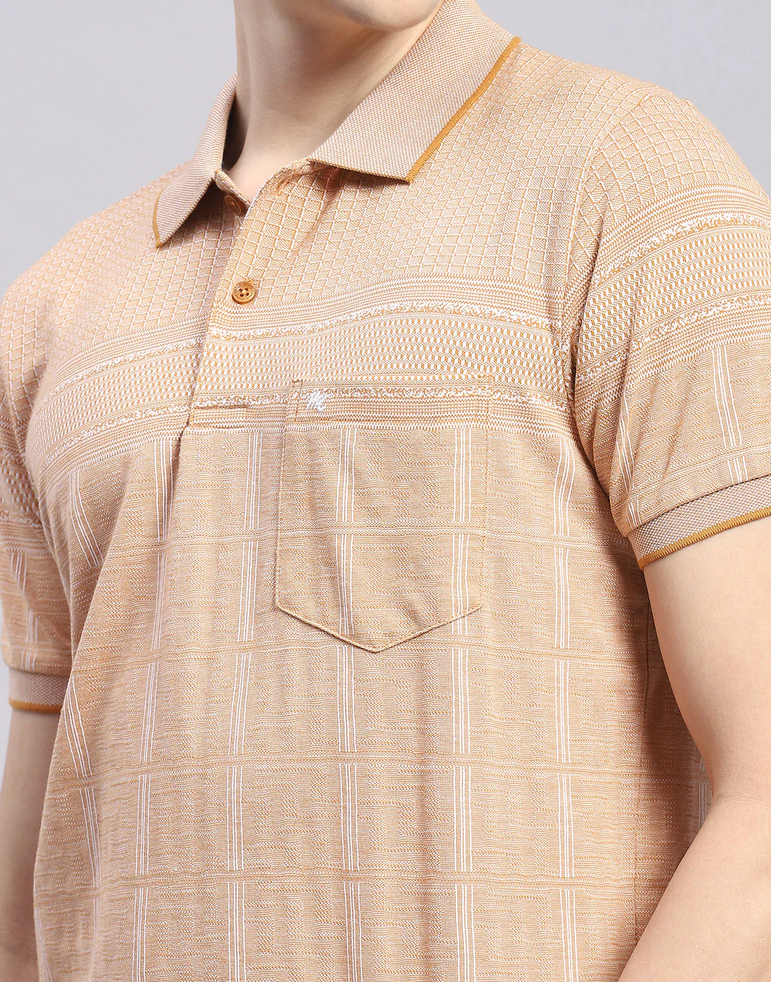 Men Beige Stripe Polo Collar Half Sleeve T-Shirt - Image 7