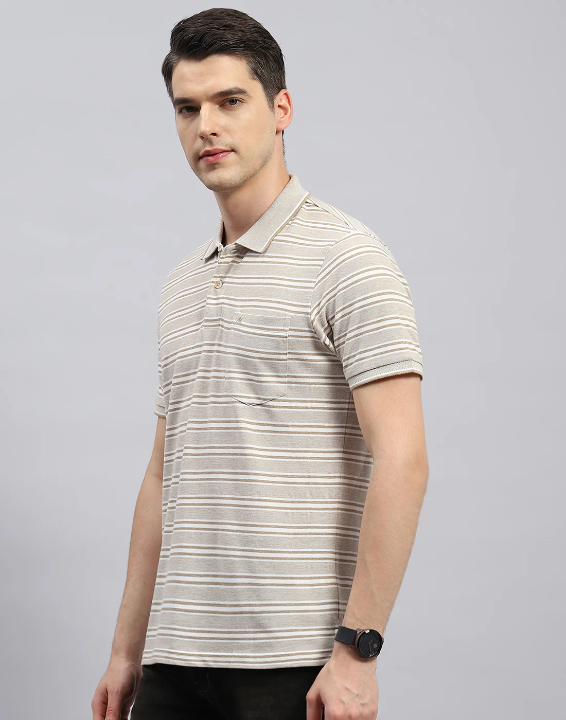 Men Beige Stripe Polo Collar Half Sleeve T-Shirt - Image 3
