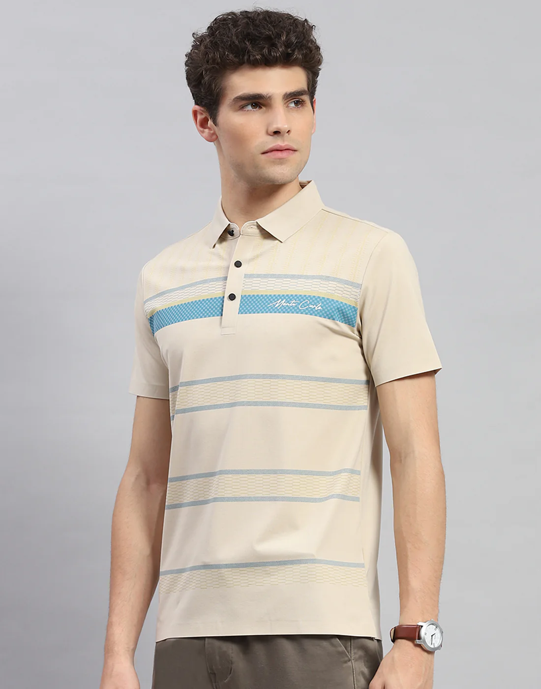 Men Beige Stripe Polo Collar Half Sleeve T-Shirt - Image 3