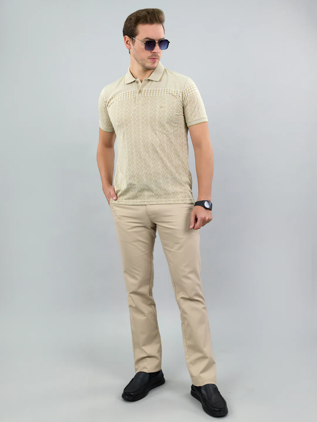 Men Beige Stripe Polo Collar Half Sleeve T-Shirt - Image 6