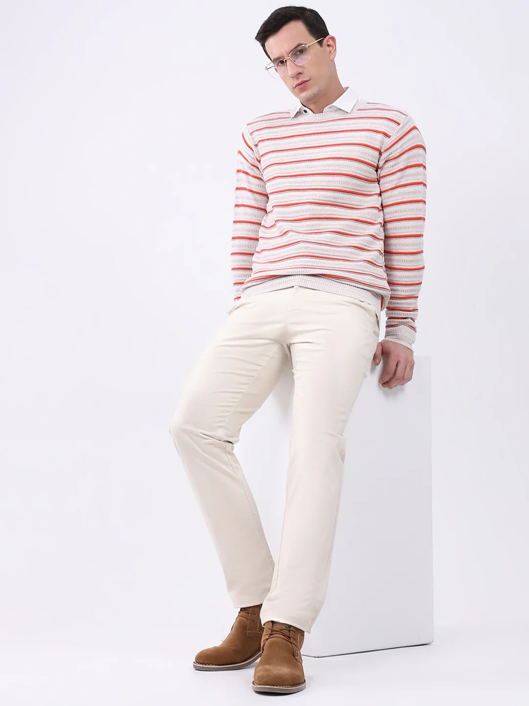 Men Beige Stripe Round Neck Full Sleeve Pullover - Image 2