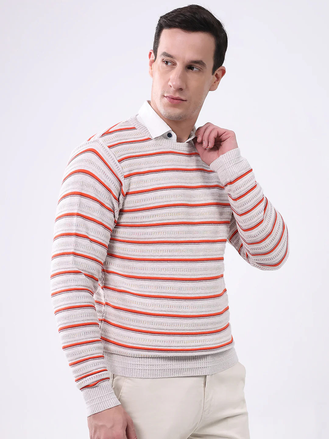 Men Beige Stripe Round Neck Full Sleeve Pullover - Image 4