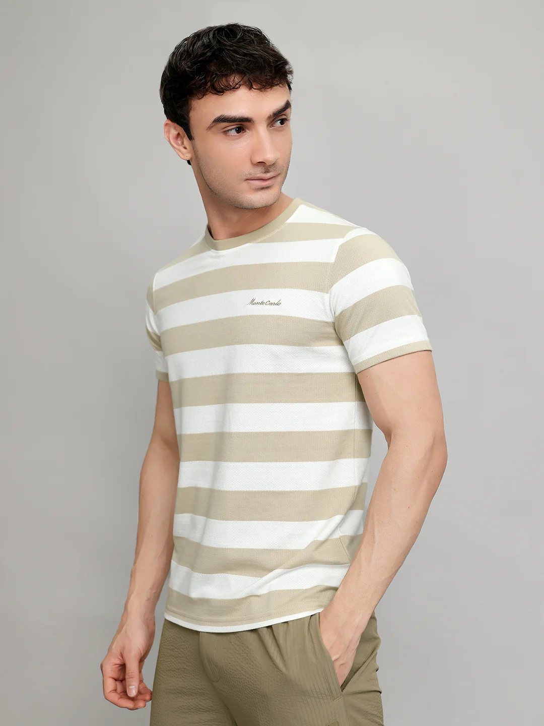 Men Beige Stripe Round Neck Half Sleeve T-Shirt - Image 3