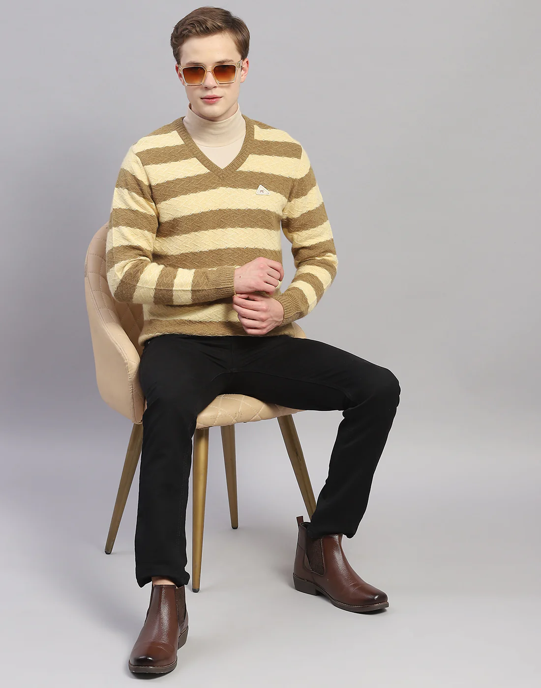 Men Beige Stripe V Neck Full Sleeve Pullover - Image 2