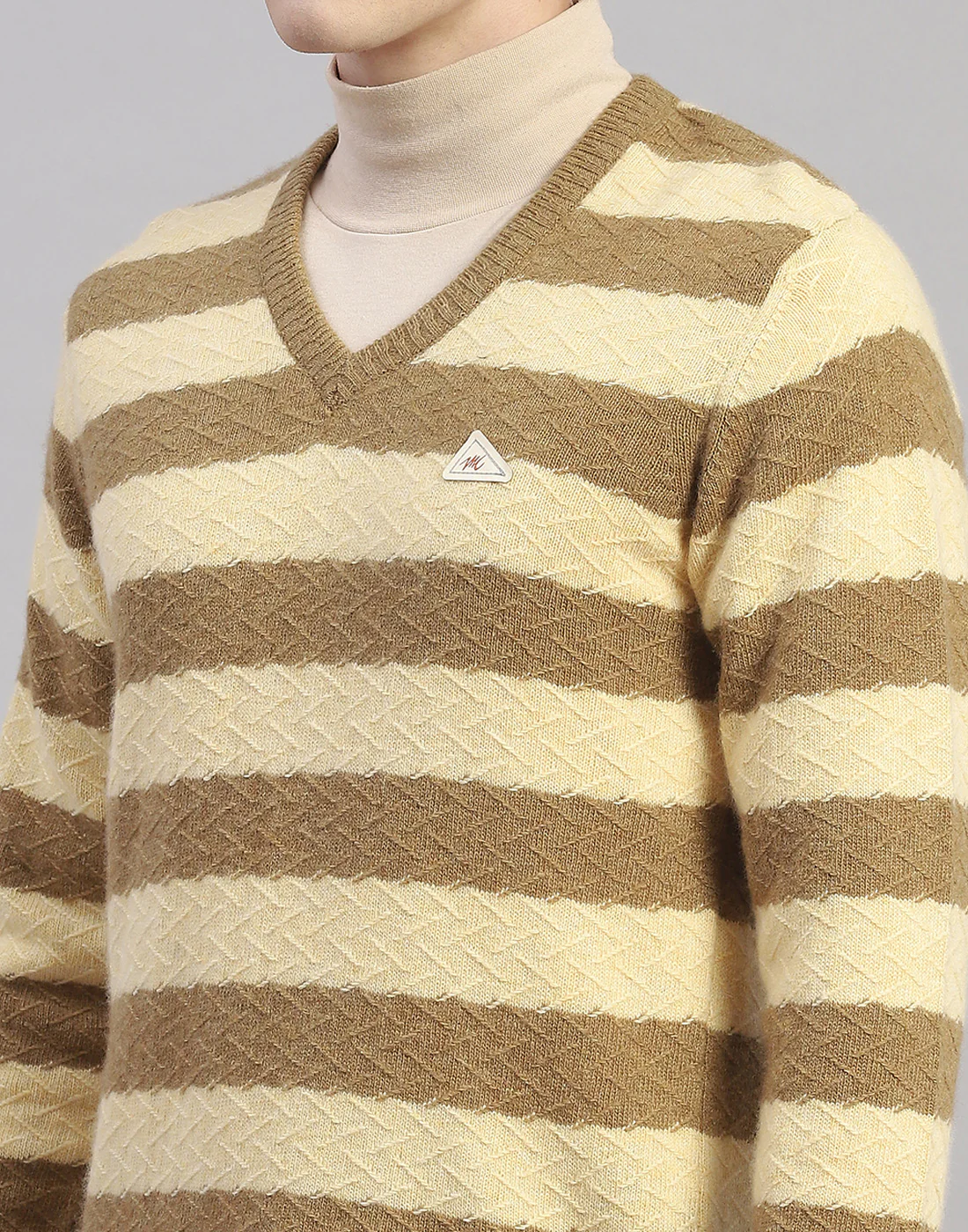 Men Beige Stripe V Neck Full Sleeve Pullover - Image 7