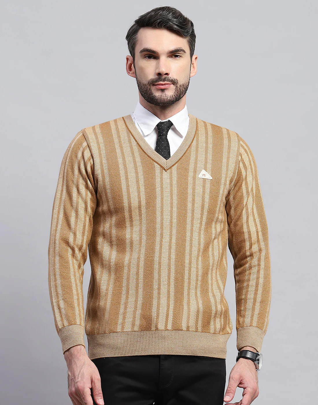 Men Beige Stripe V Neck Full Sleeve Pullover - Image 3