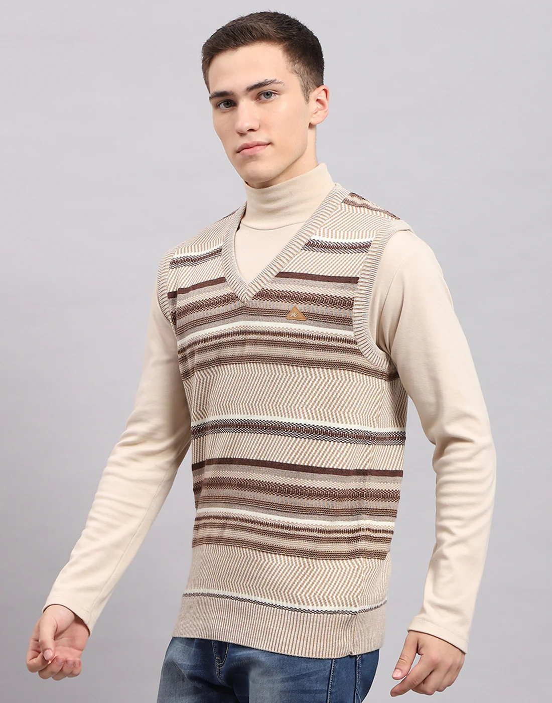 Men Beige Stripe V Neck Sleeveless Sweater - Image 3