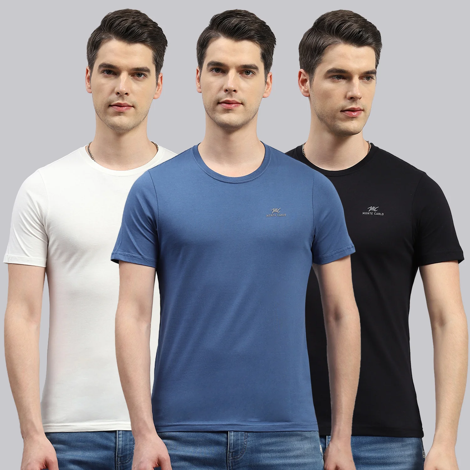 Men Black, Blue & Off White Solid Round Neck Half Sleeve T-Shirt (Pack of 3) - Image 2