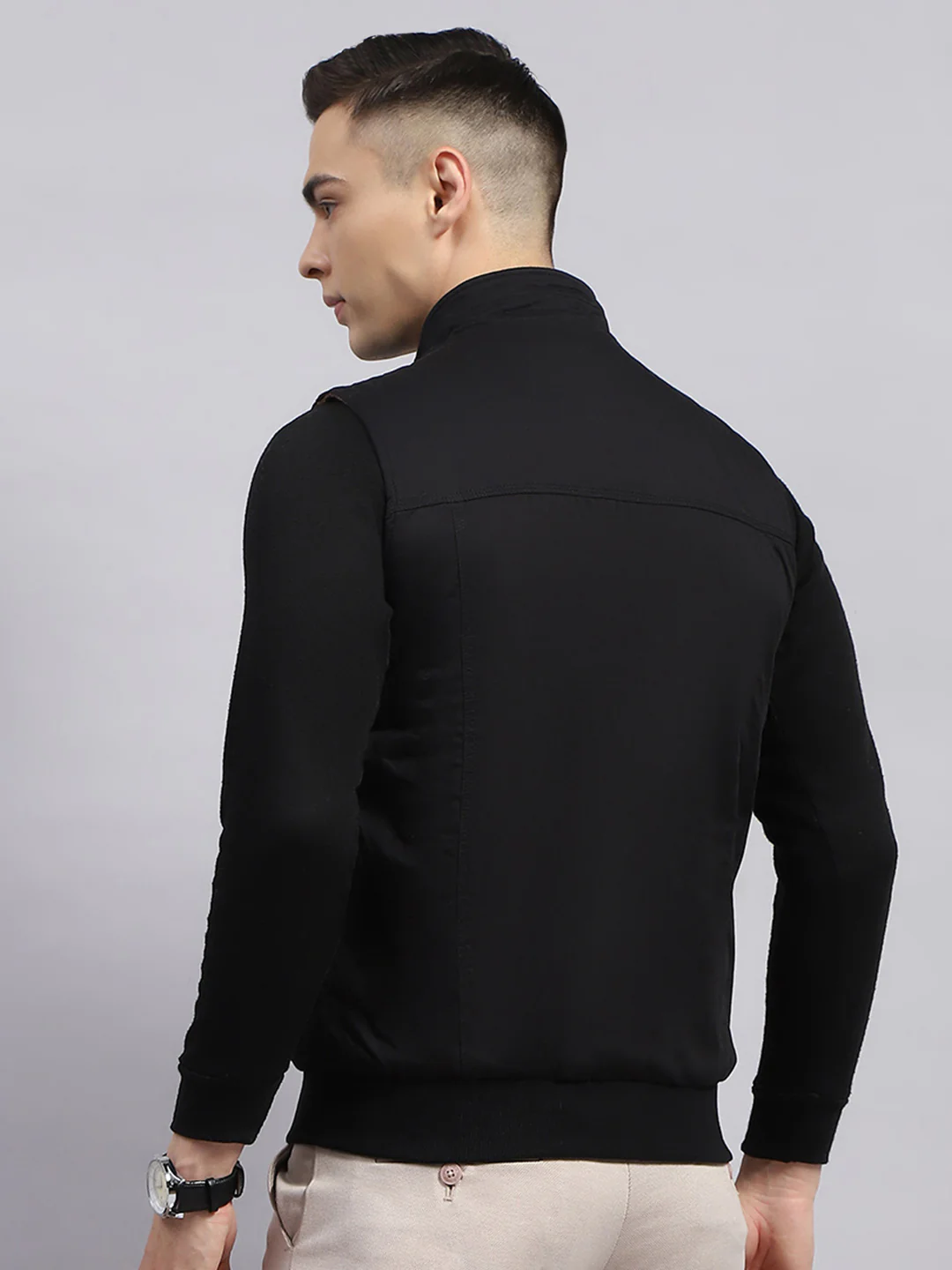 Men Black & Brown Self Design Mock Neck Sleeveless Reversible Jacket - Image 8