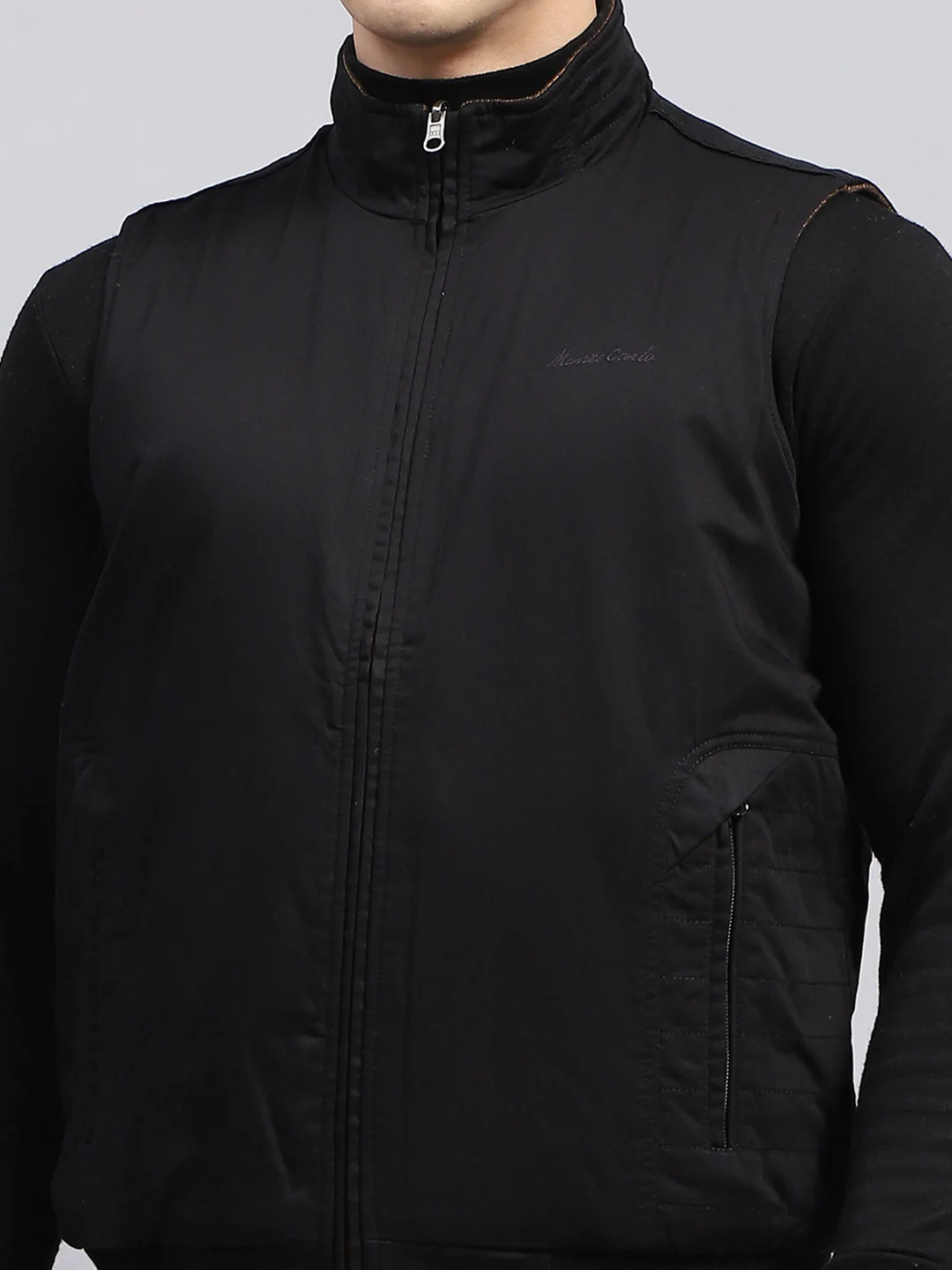 Men Black & Brown Self Design Mock Neck Sleeveless Reversible Jacket - Image 9
