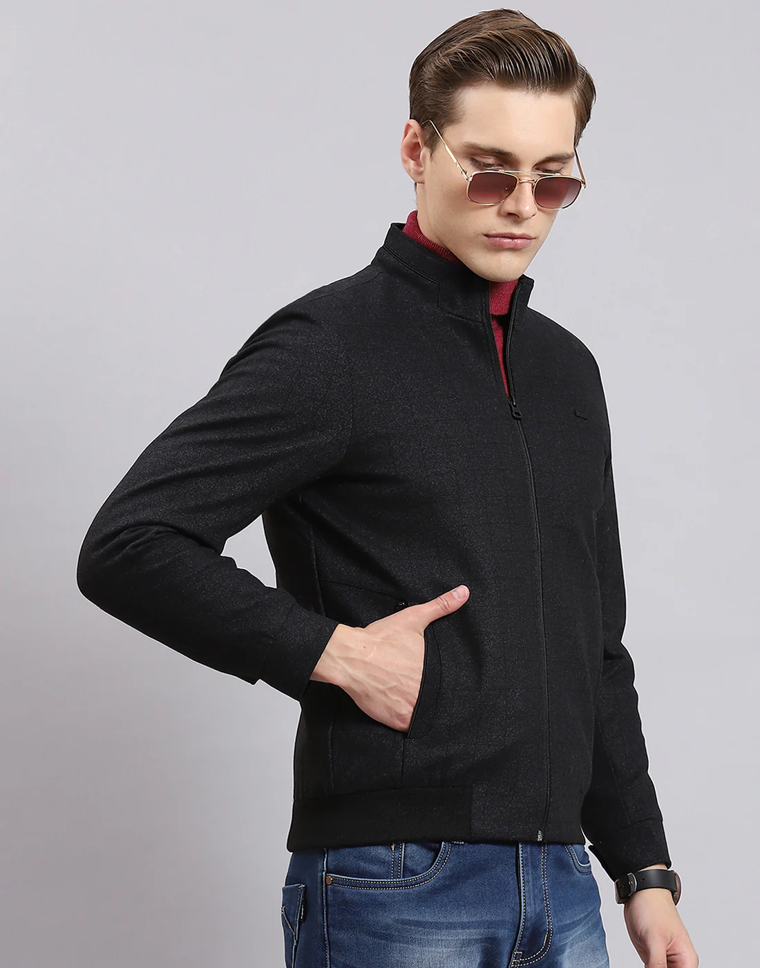 Men Black Check Collar Full Sleeve Jacket - Image 4