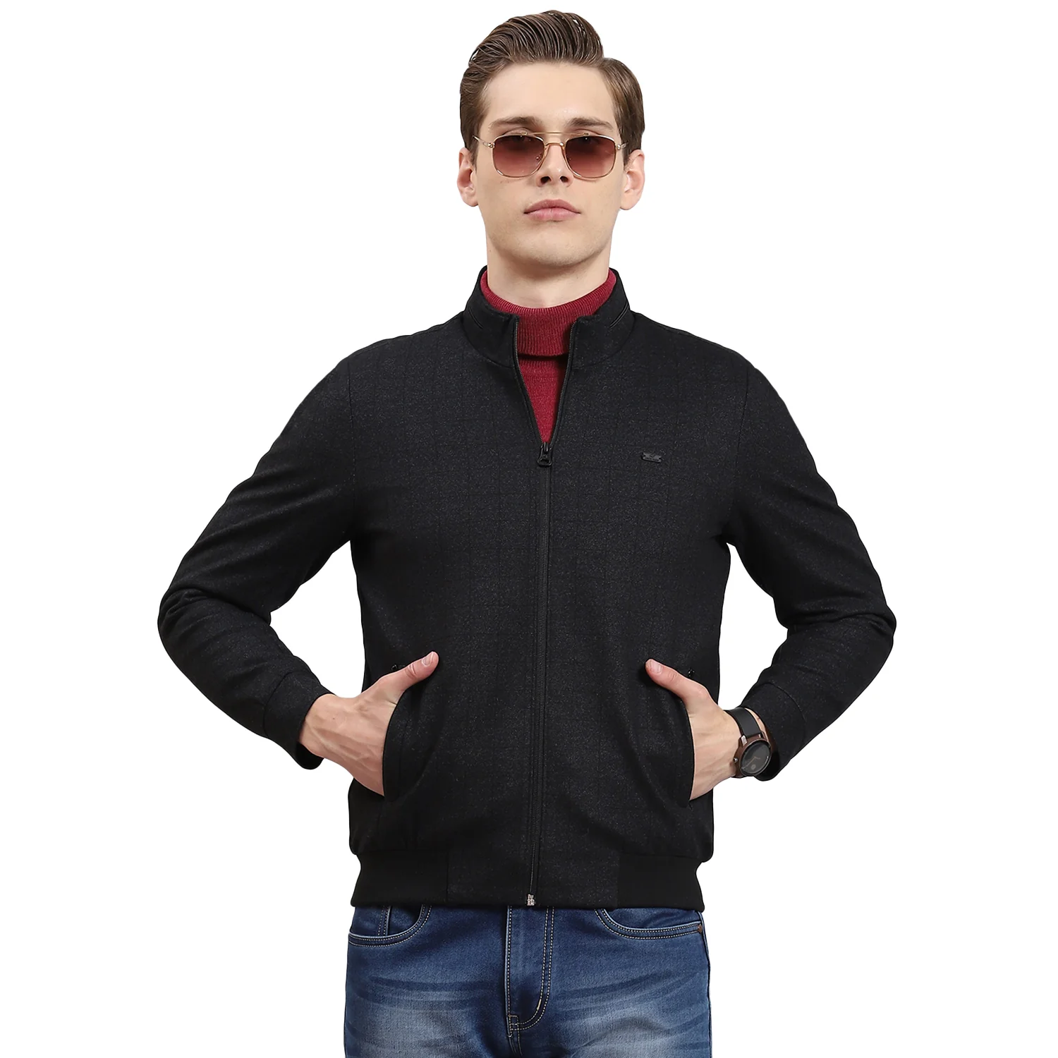 Men Black Check Collar Full Sleeve Jacket - Image 5