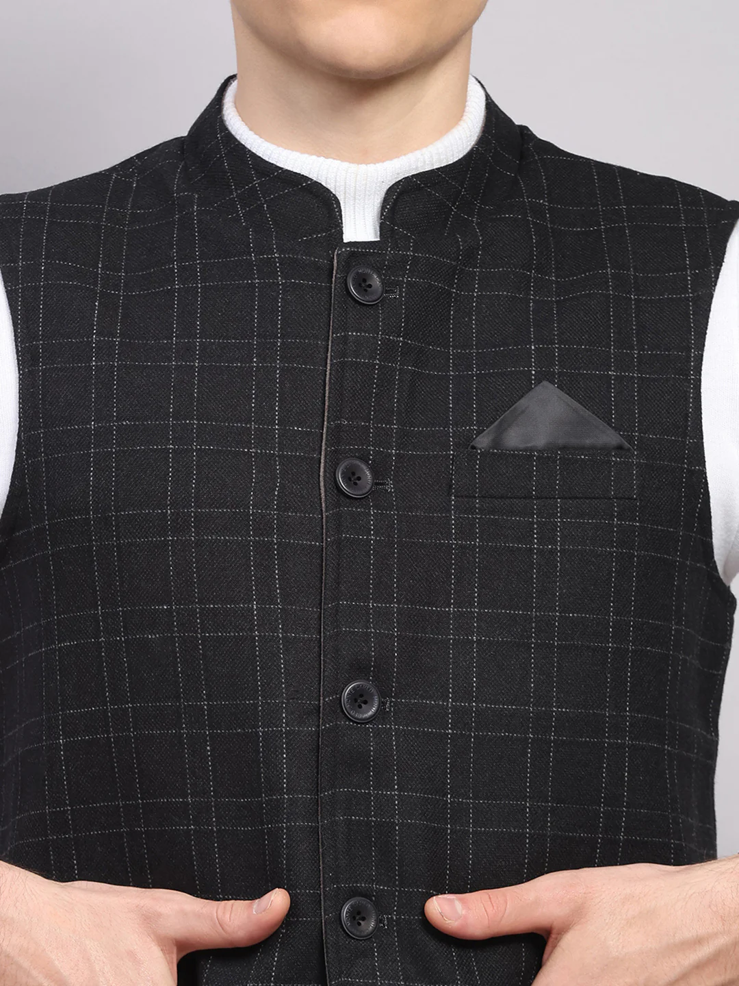 Men Black Check Collar Sleeveless Nehru Jacket - Image 9