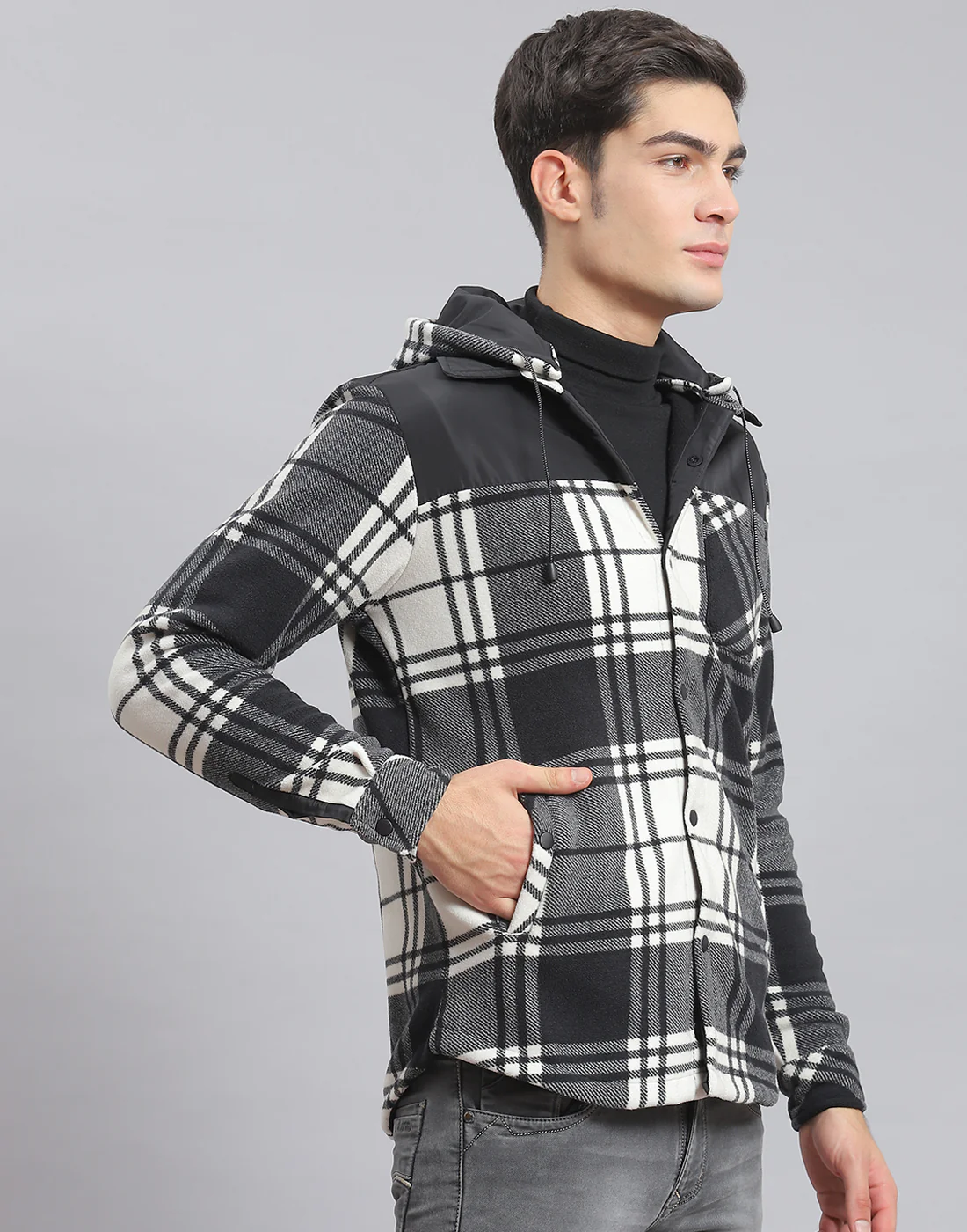 Men Black Check Hooded Full Sleeve Shirt - Image 4