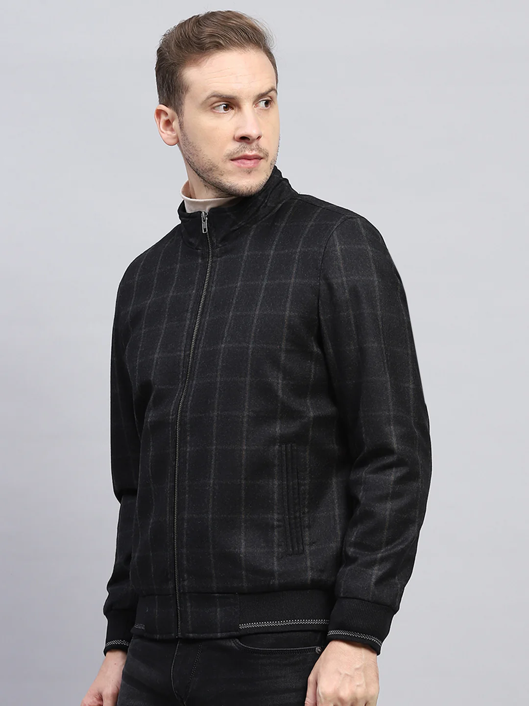 Men Black Check Mock Neck Full Sleeve Coat - Image 3