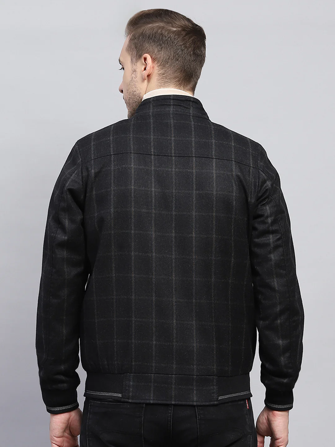 Men Black Check Mock Neck Full Sleeve Coat - Image 5